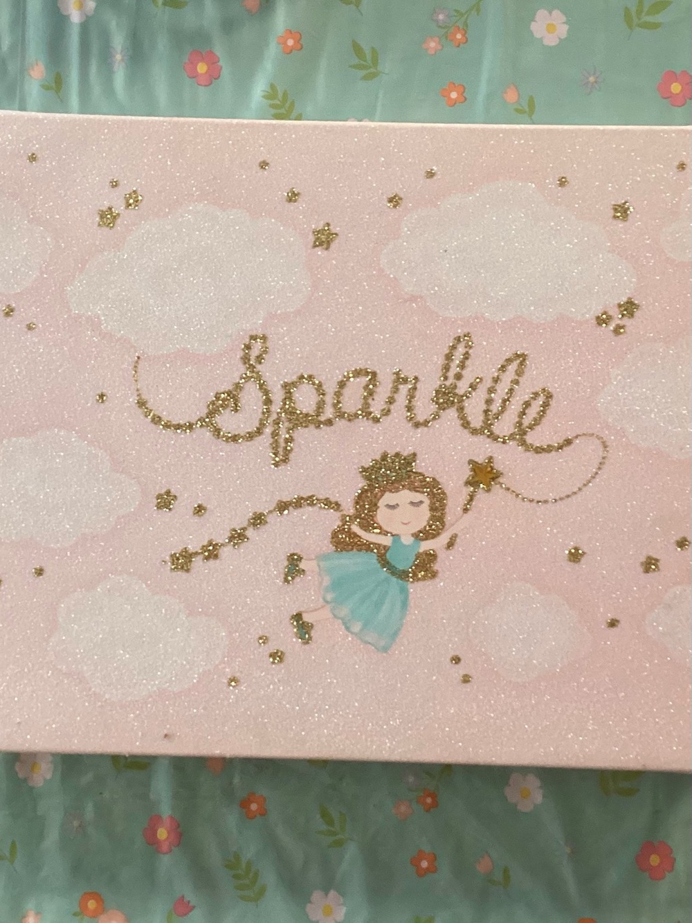 Colleen Karis Designs Gold “Sparkle” Word & Blue Glitter Fairy Canvas Art